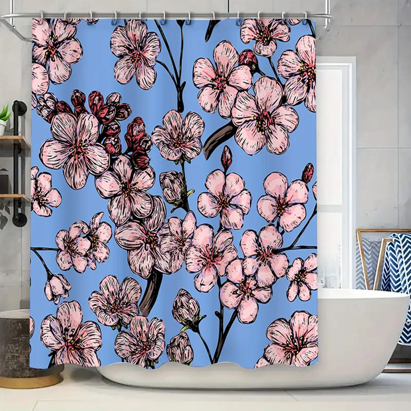 Artistic Pink Flower Shower Curtain Printed Fabric Waterproof Bathroom Decorative Privacy Tinting Bath Rug Set for Kids Room Gif