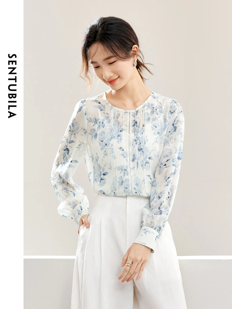 SENTUBILA 2 Piece Printed Chiffon Blouse and Camisole Top Women 2024 Chinese Style Fashion Hollow Out Straight Shirt 143V57361X