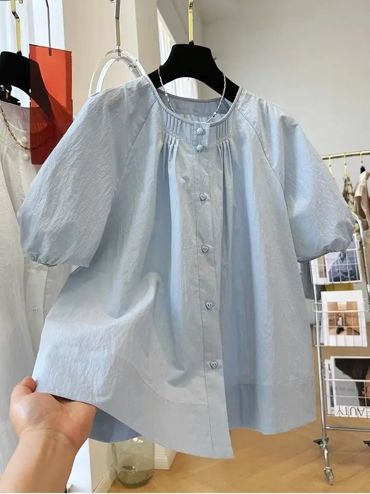 

Womens Tops Single Breasted Blouses O-neck Causal Shirts 2025 Summer New Korean Solid Color Short Sleeve Shirt
