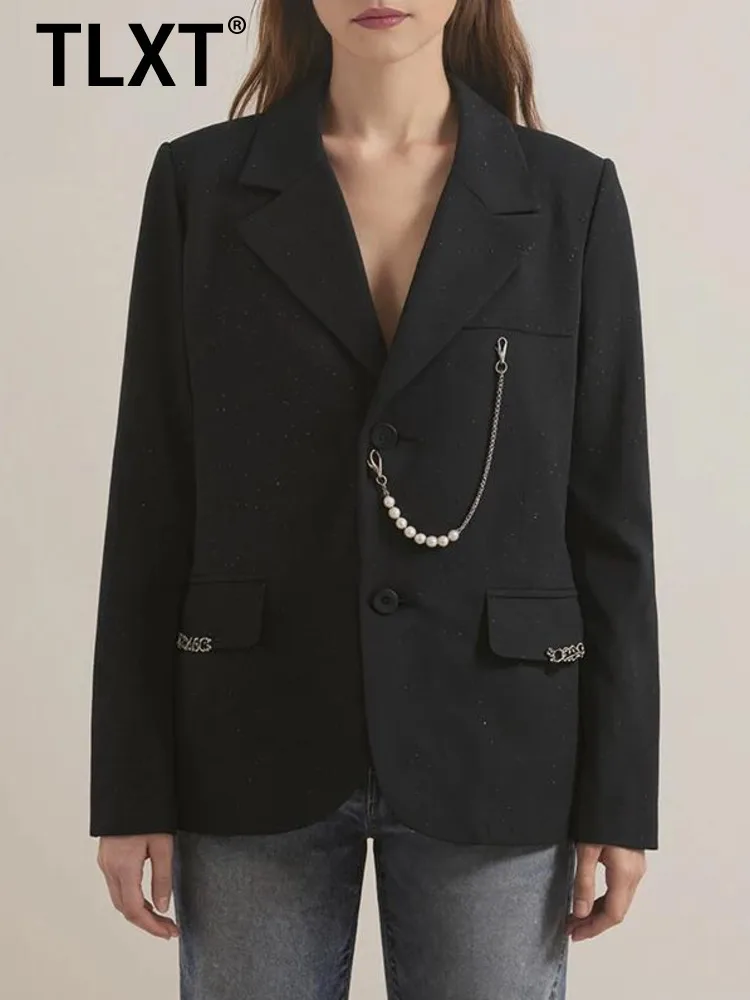

TLXT модный женский черный пиджак с жемчужной цепочкой и лацканами, свободный однобортный пиджак с длинными рукавами и брызгами, осенняя новинка XK1519