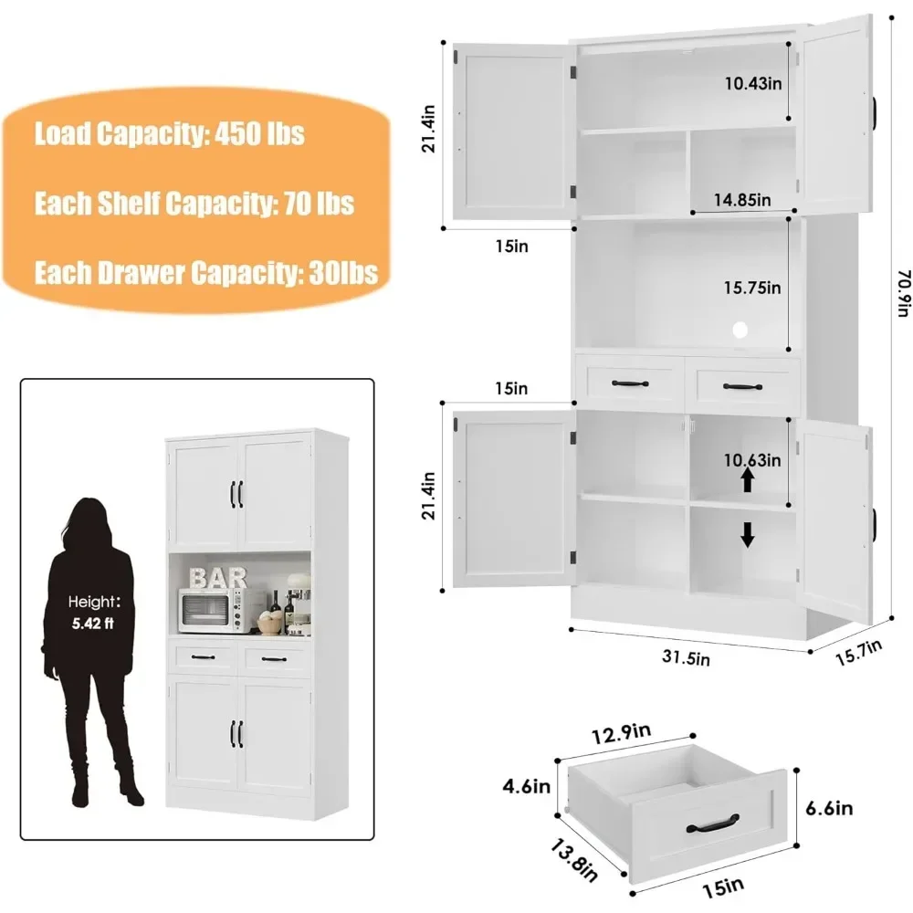 Gabinete de almacenamiento de despensa de cocina de 71 pulgadas de alto, gabinete de barra de aparador de cocina moderno con soporte para microondas, aparador de buffet de madera con aparador