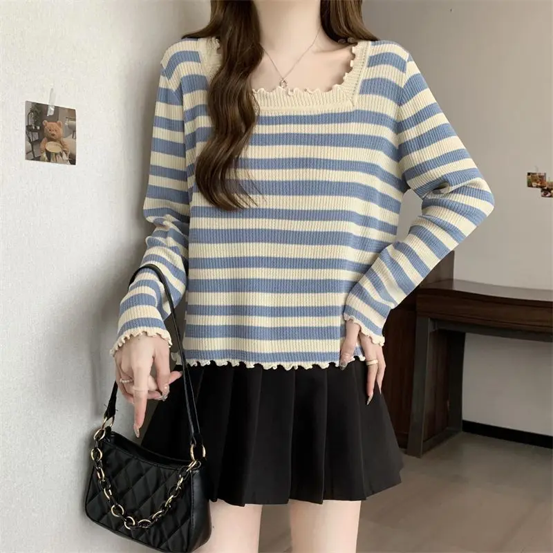 

Sweet Striped All-match Long Sleeve Tops Contrast Patchwork Youth Korean T Shirts Spring Autumn New Casual Fashion Women Clothes