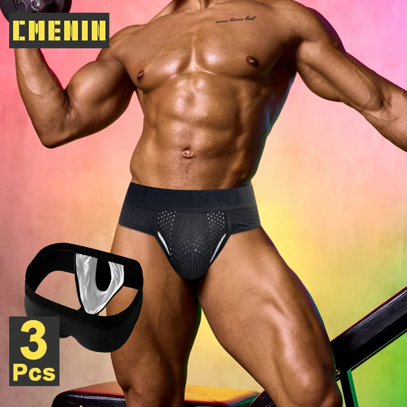 

CMENIN 3Pcs Cotton Mens Underwear Briefs Mesh Breathable Man Bikini Underpants Sissy Panties Gays Sexy Men's Jockstrap Briefs