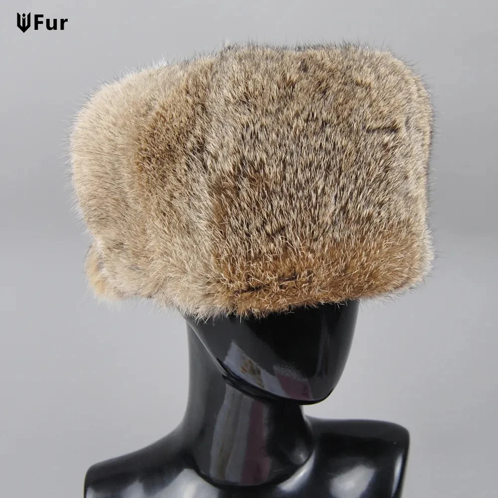 

2024 Thick Warm Bomber Hat Men Real Rabbit Fur Earflap Trapper Outdoor Russian Cap Male Plus Size Winter Hats Ski Russian Hat