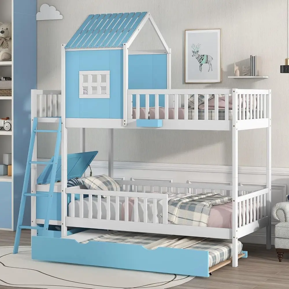

Twin Over Twin Bunk Bed with Trundle, Storage, Guardrails, Ladder - No Box Spring Needed (Blue)