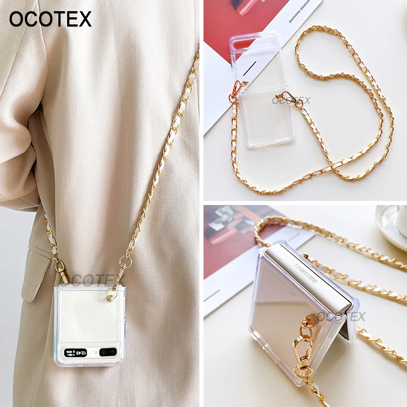 For Samsung Galaxy Z Flip 1 2 Case Luxury Long Chain Crossbody Lanyard Necklace Strap Acrylic Clear Phone Cover Z Flip1 Flip2 5G