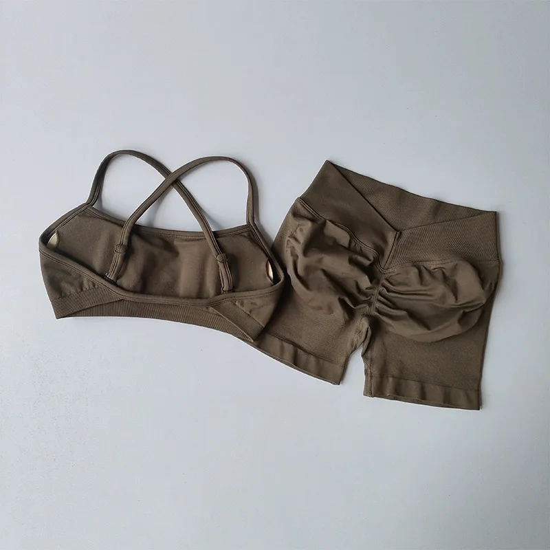 Sexy Neckholder-Sport-BH mit schönem Rücken, hoher Taille, pfirsichfarben, Shorts-Anzug, Pilates, Yoga-Weste, Trainings-Fitness-BH-Set – Detail 15