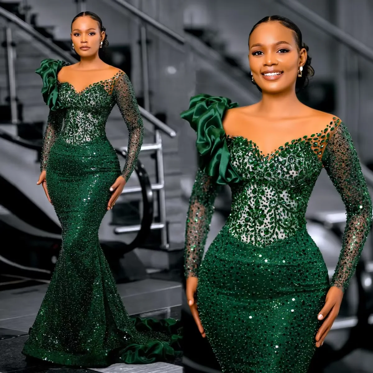 Emerald Green Glitter Mermaid Evening Dress Lace Long Sleeve Shining Beaded prom Birthday Ball Dress african Customization