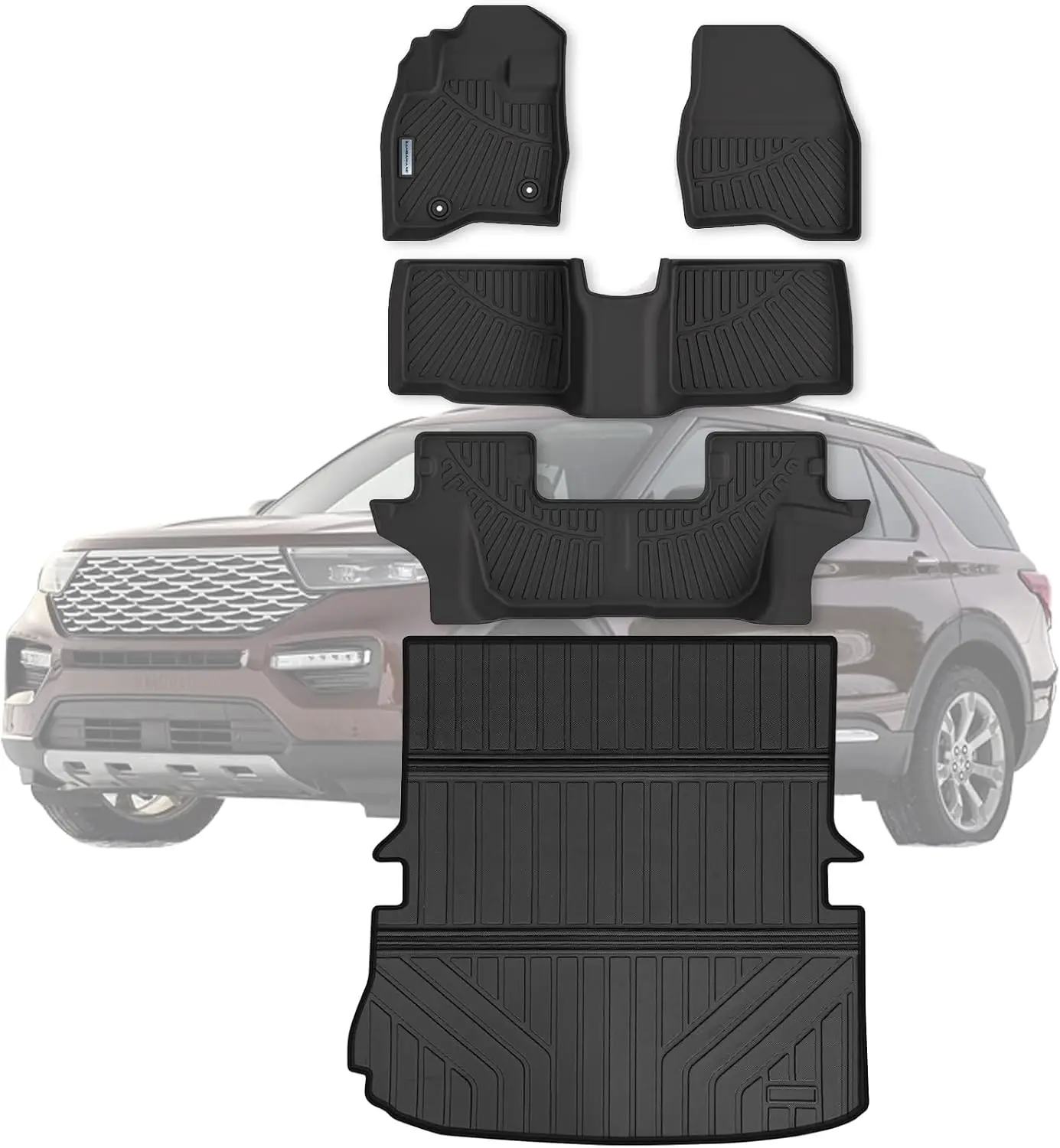 All-Weather TPE Floor Mats and Large Trunk Mat for 2015 - 2019 Ford Explorer 7 Seats, Foldable Cargo Liner Included