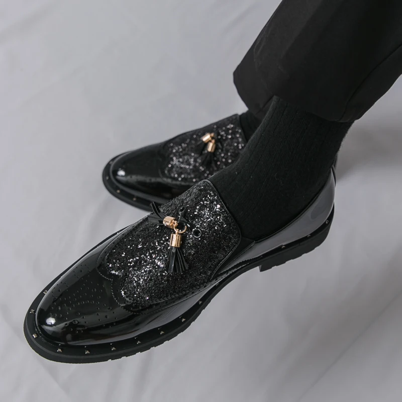 

Мужские кожаные лоферы с блестками в британском стиле, золотистые роскошные удобные деловые туфли большого размера 38–48.