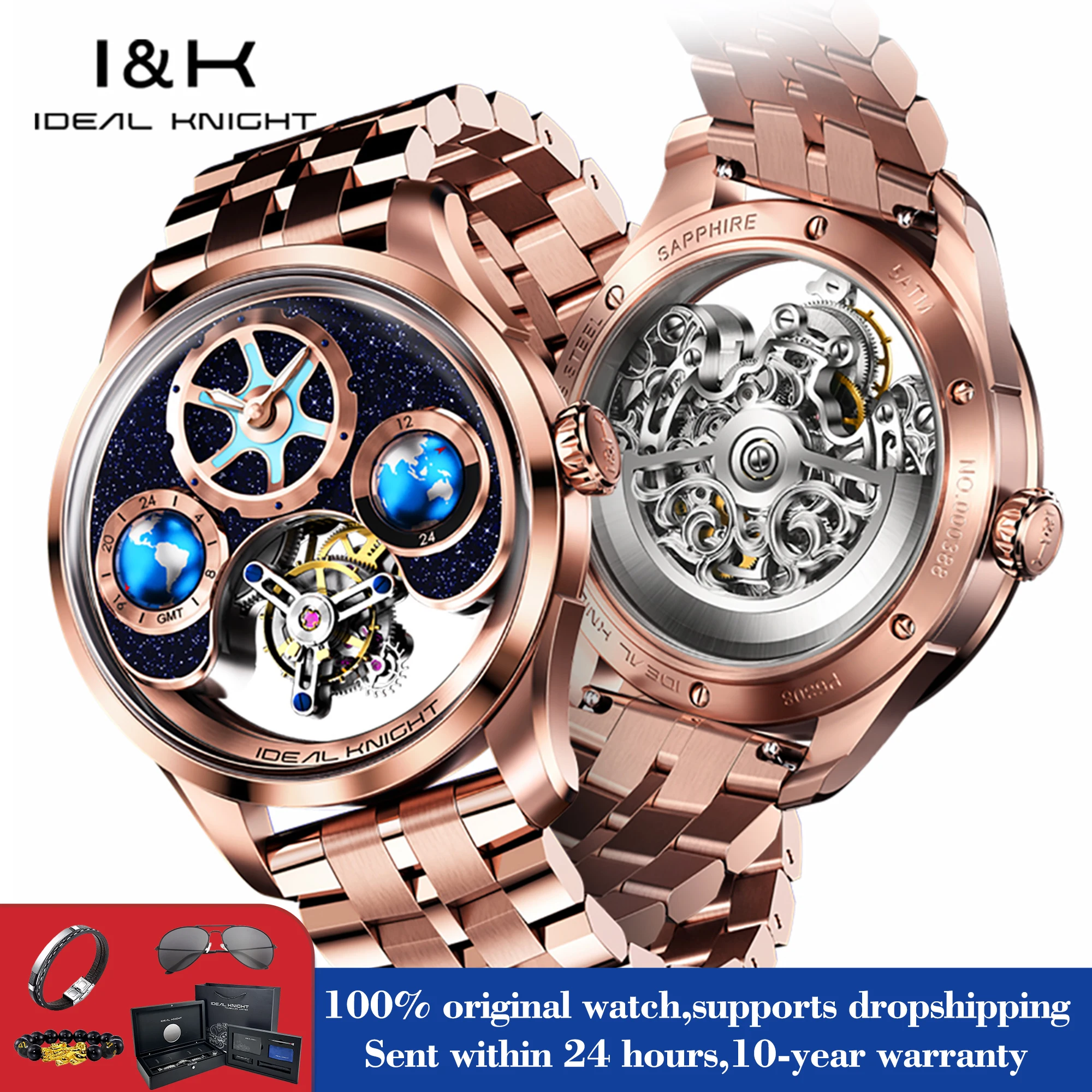 IDEAL KNIGHT 6805 Top Brand Tourbillon Watch For Men Flywheel Skeleton Mechanical Man Watch Deep Waterproof Luminous Hand Clock