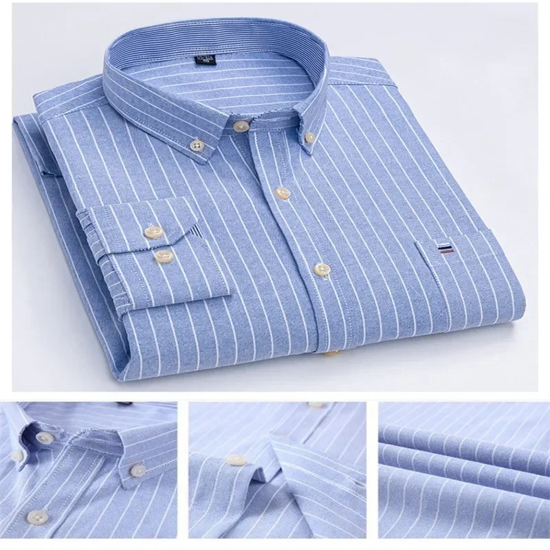 Camisa Oxford de algodão puro manga longa masculina, social, fina, macia, abotoada, xadrez, formal, roupas masculinas, grandes dimensões, tamanhos grandes, novo