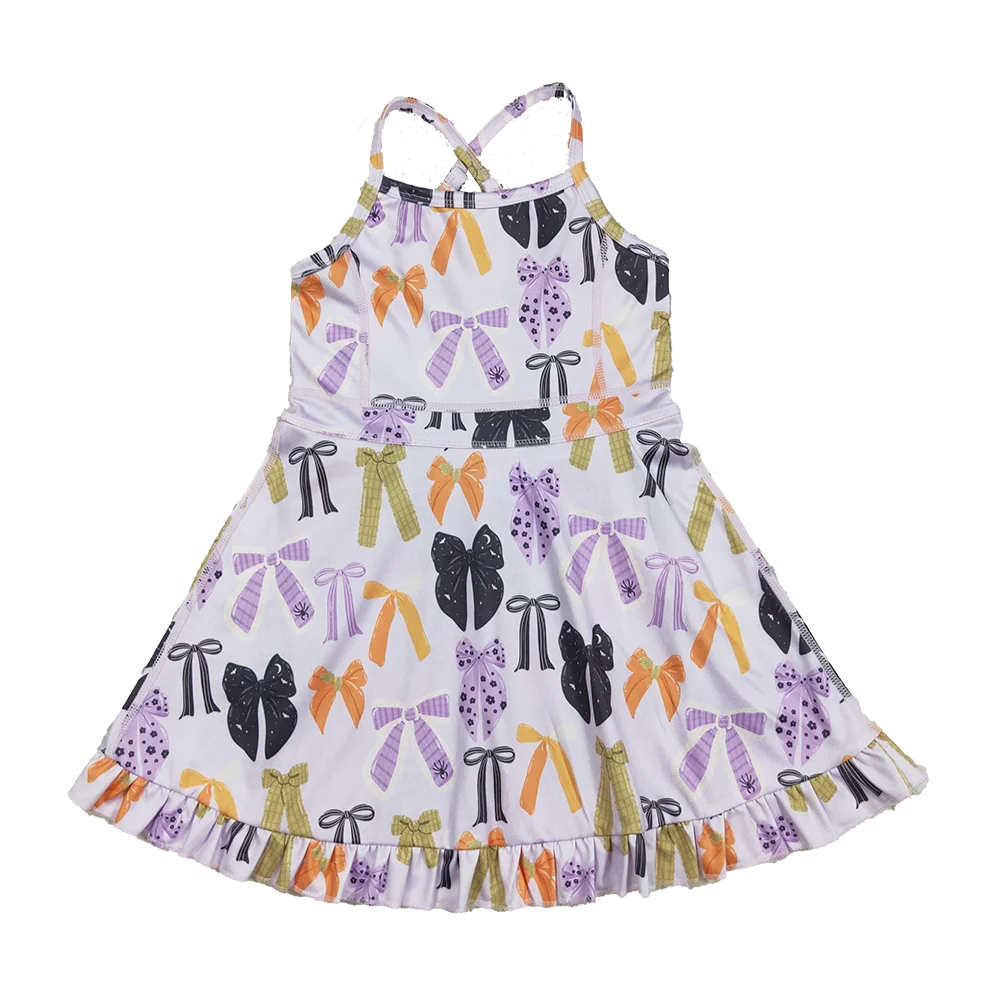 

9.17 Wholesale Hot Sale western boutique kids children Baby Girls Lavender Strap Bows Plaid Shorts Yoga Knee Length Dresses