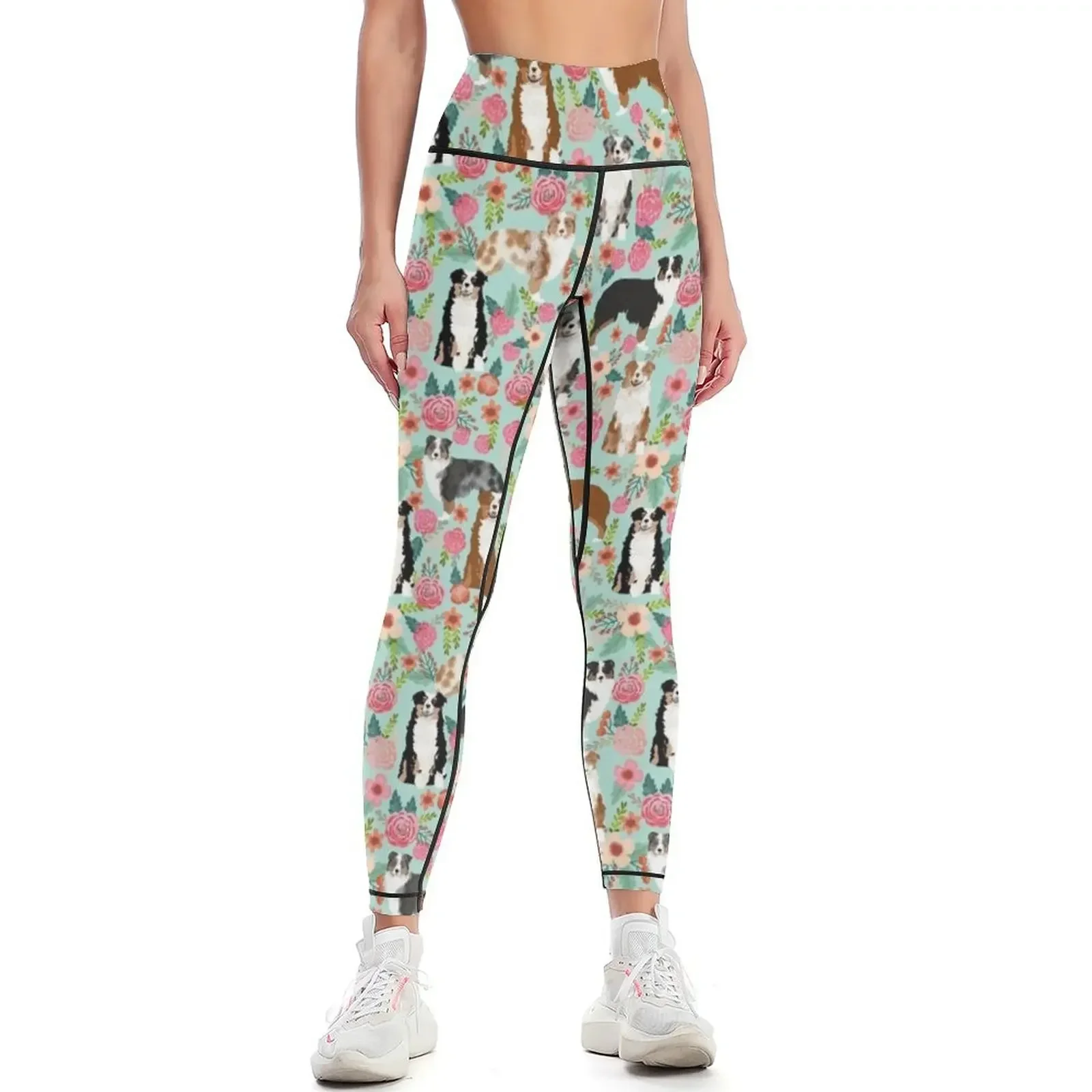

Australian Shepherd Florals - mint Leggings sportswear gym sports for push up for physical Women's trousers Womens Leggings