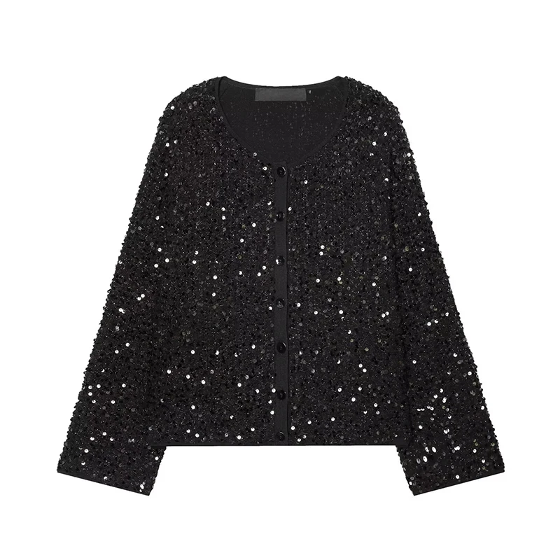 

YENKYE Spring 2026 Women Black Sequin Knit Cardigan Long Sleeve Round Neck Fashion Vintage Outerwear
