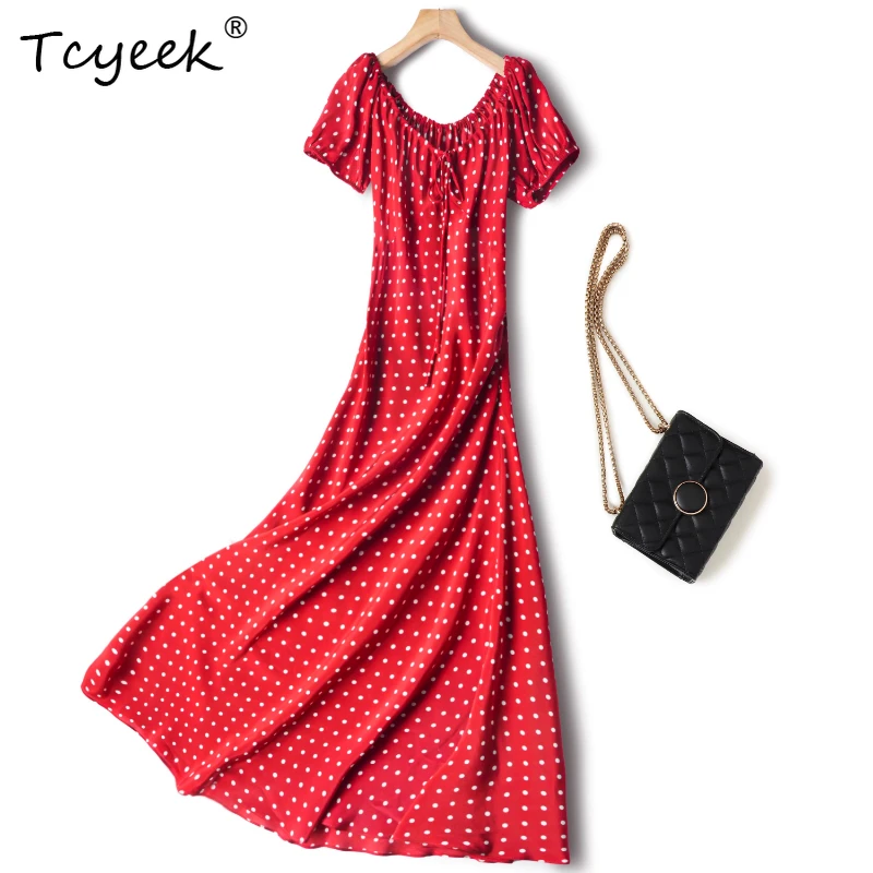 

Tcyeek 100% Mulberry Silk Summer New French Lace Up Round Neck Red Polka Dot A-line Short Sleeve Mid Length Woman Dresses 원피스 여름