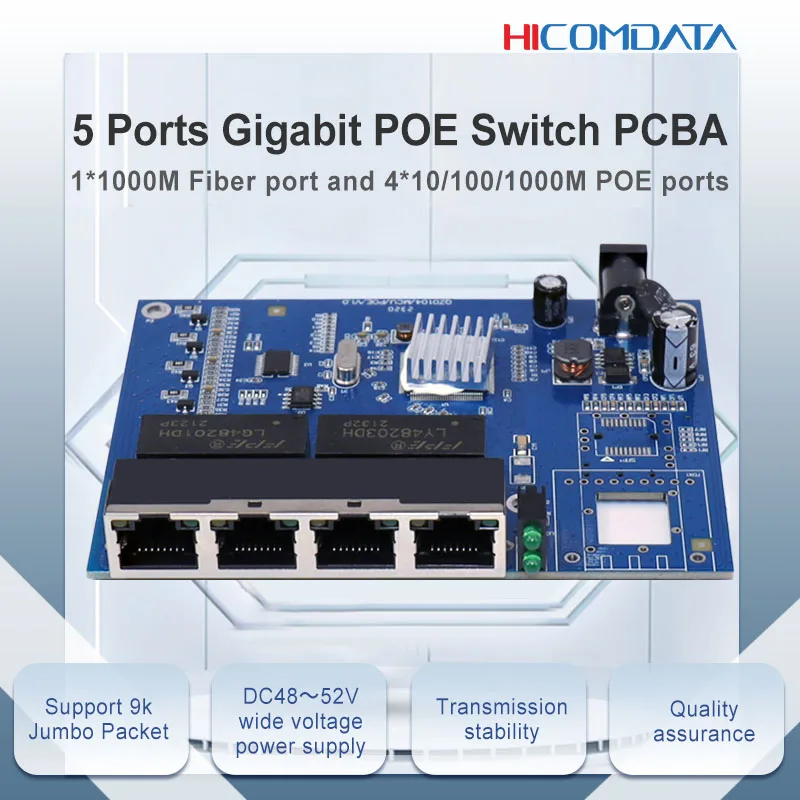 HICOMDATA 1000Mbps Ethernet Switch Fiber Optic Converter Media Gigabit Optical Transceiver POE Ethernet Switch PCBA