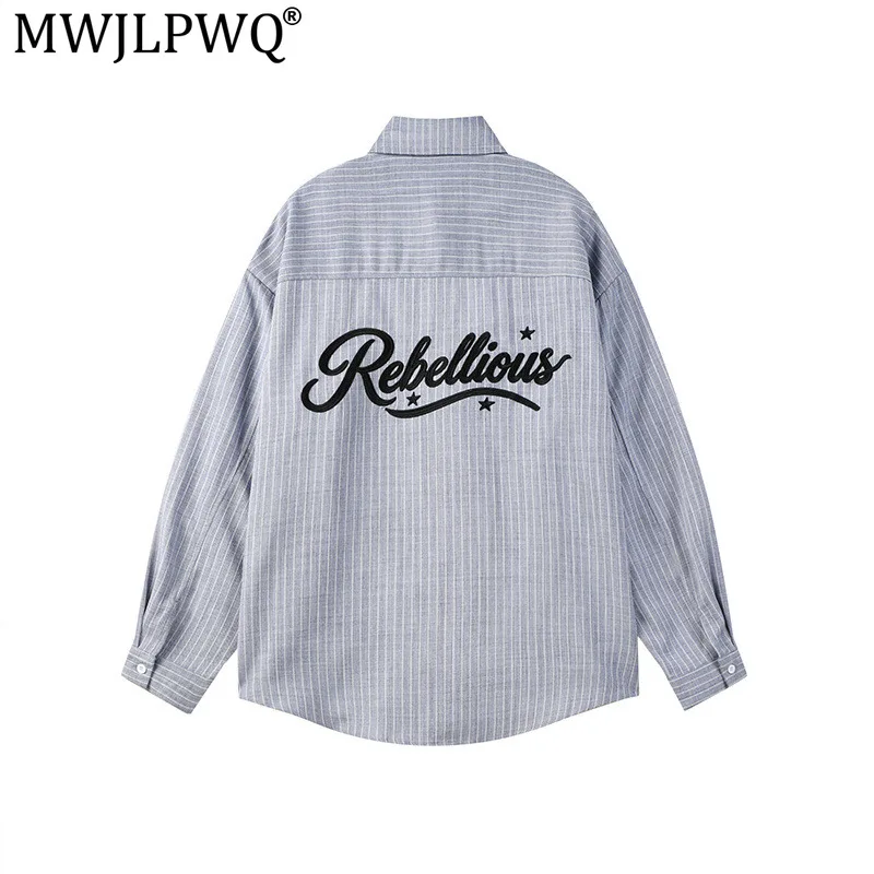 MWJLPWQ Men's Long-Sleeved Shirt Letter-Patterned Embroidery Vertical Stripes Suitable Spring Autumn Loose Casual Tops 17679