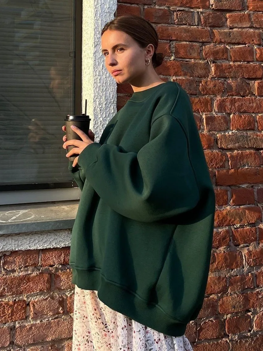 Round Neck Pullover Hoodie Mid Length Alternative Street with Loose Fit Single Regular Thickness Streetwear Women Sweatshirts