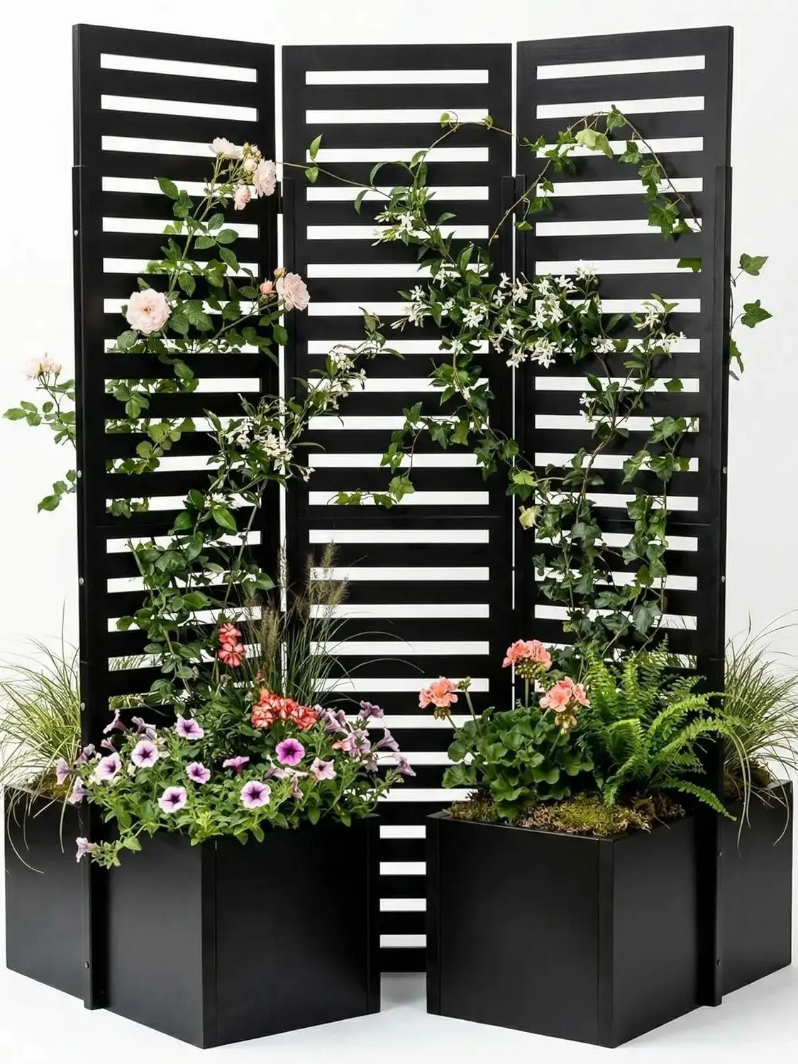Vrijstaande 3-delige privacy scherm met verhoogde, zelfdrainerende metalen plantenbakken & pergola, buiten tuin patio ruimteverdeler - afbeelding 2