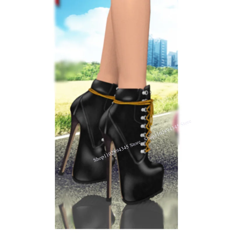 

Black Mid Calf Lace Up Platform Boots Thin High Heel Round Toe Fashion Sexy 2025 Winter Big Size Woman Shoes Zapatillas Mujer