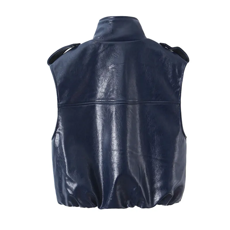 TFAFXY 2026 Spring New Vintage Faux Leather Women Stand Collar Vest Jackets Straight Mini Skirt Fashion Two Piece Set image 3