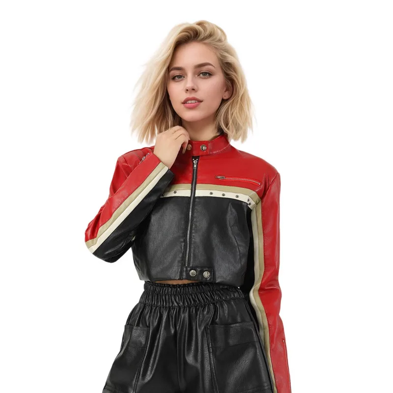 Contrast Splicing PU Leather Short Jacket Cool Handsome Motorcycle Style Hot Girl Waist Jacket New Fashion Women's Zipper Coat