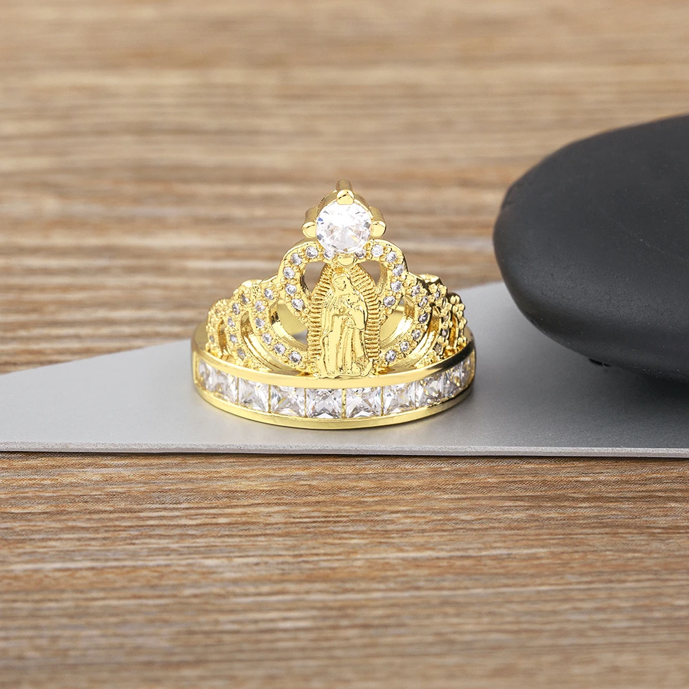 Nidin Classic Gold Plated Zircon Virgin Mary Crown Open Ring Religious Adjustable Luxury Top Quality Femme Party Accessories
