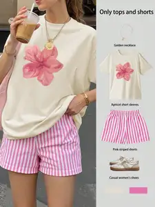 Floral Print Loose T-Shirt & Pink Striped Shorts Set for Women, Summer Casual Outfit