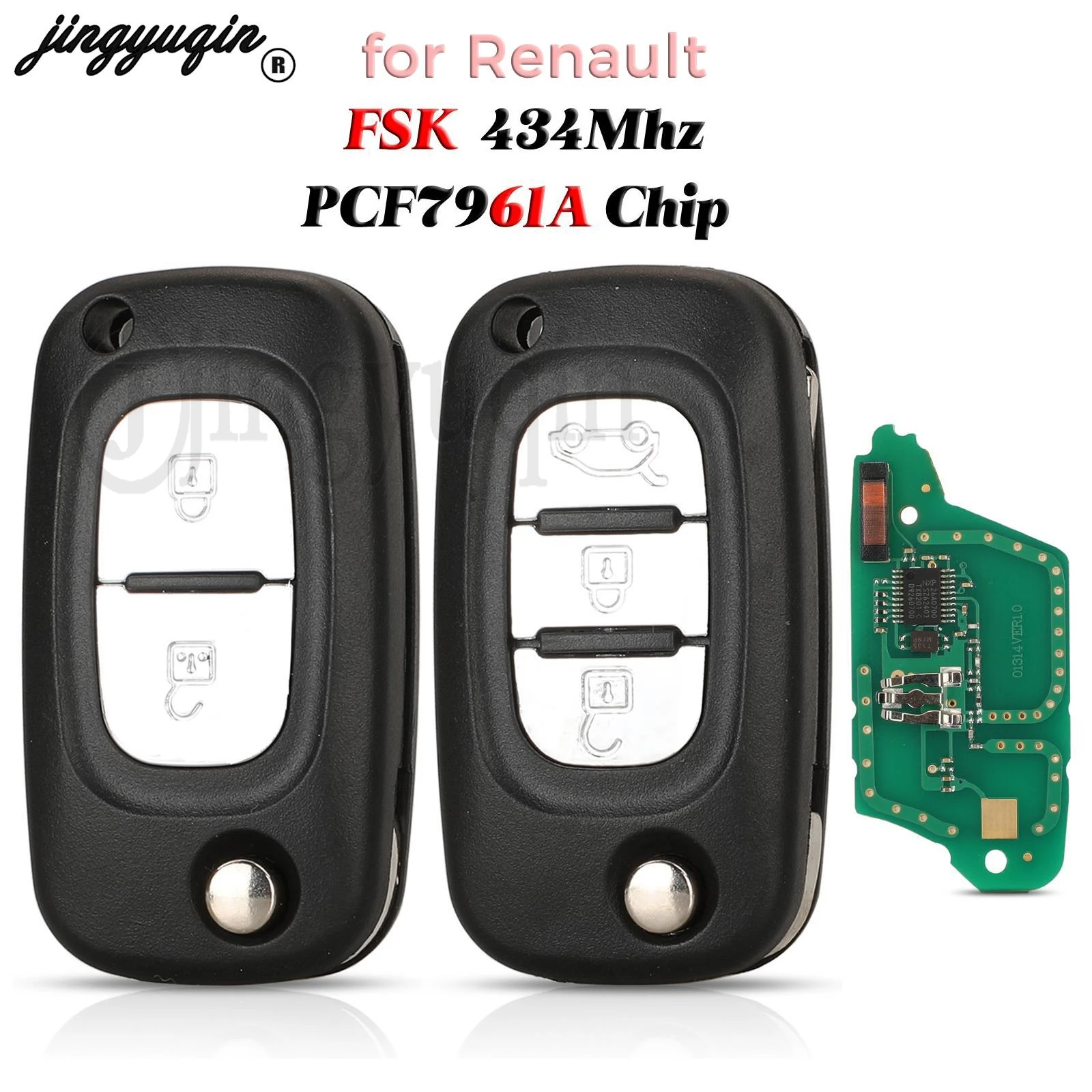 jingyuqin Oryginalny dla Renault Clio III Clio3 Megane Kangoo Flip Smart Remote Car Key FSK 434Mhz PCF7961A Chip 2/3 Button Fob