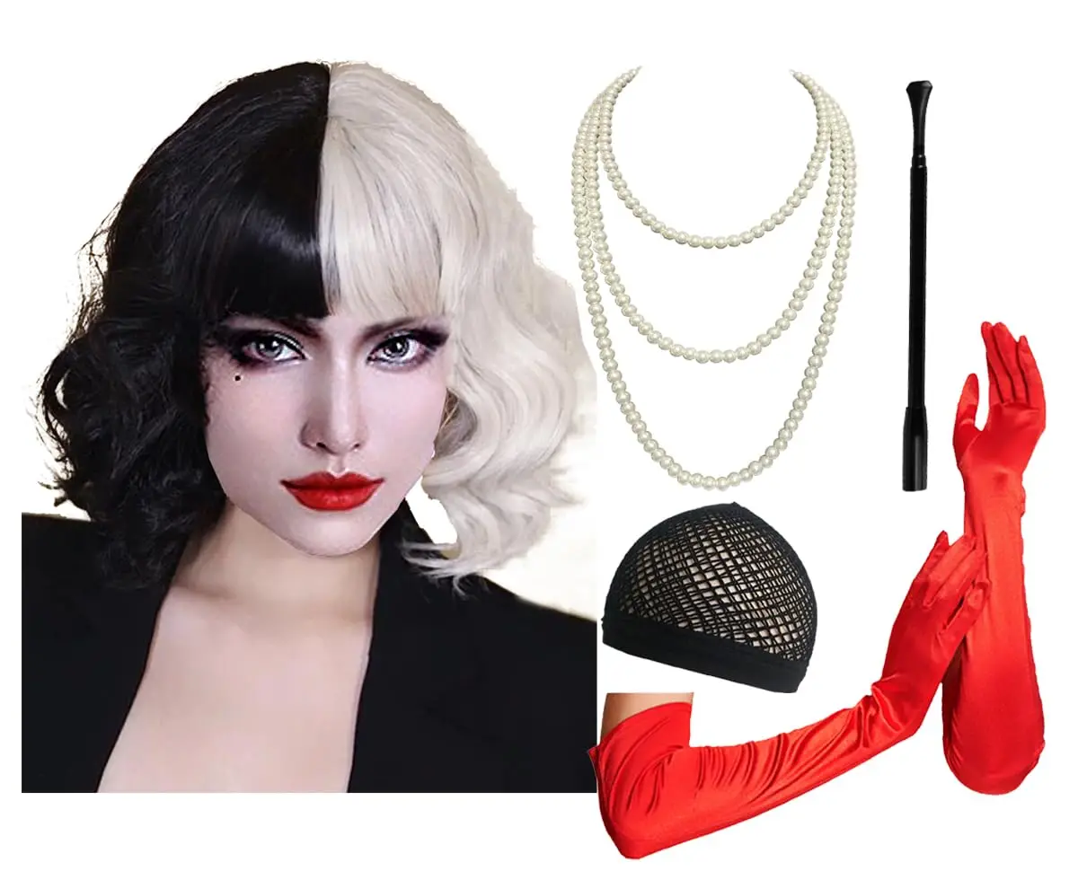

Cizoe Cruella Deville аксессуары для костюмов Crulla De Vil черные, белые парики пластиковый держатель Хэллоуин красные перчатки