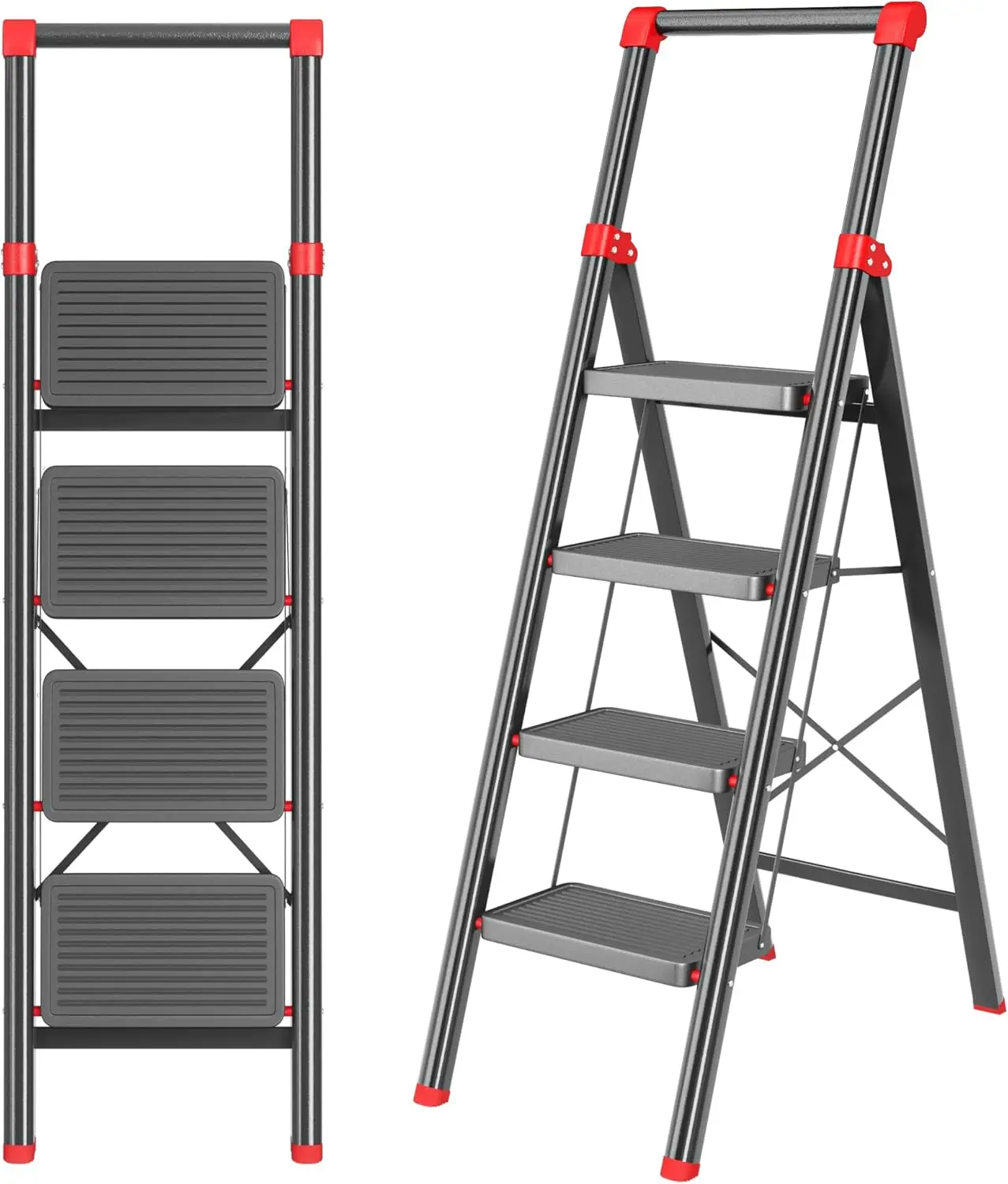 

4-Step Folding Ladder with Anti-Slip Pedals, Sturdy Steel Construction for Home Use, Black and Red