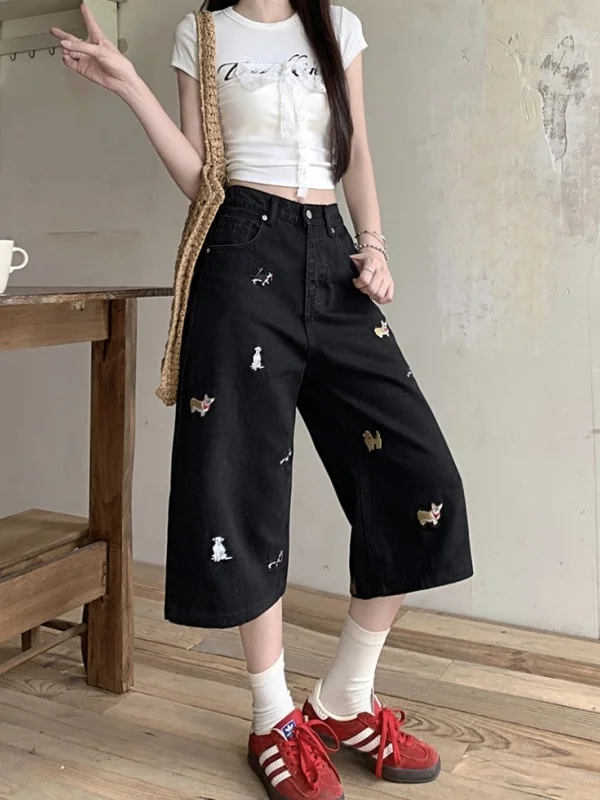 

Retro Washed Dog Embroidery Denim Shorts Women's Summer Loose Straight American High Street Trendy Brand Jeans Casual Pants