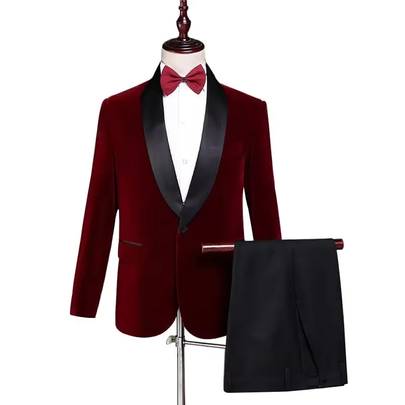 

Casual Burgundy Velvet Men's 2 Piece Slim Fit Wedding Suit Set One Button Shawl Lapel Jacket with Black Pants for Party Business