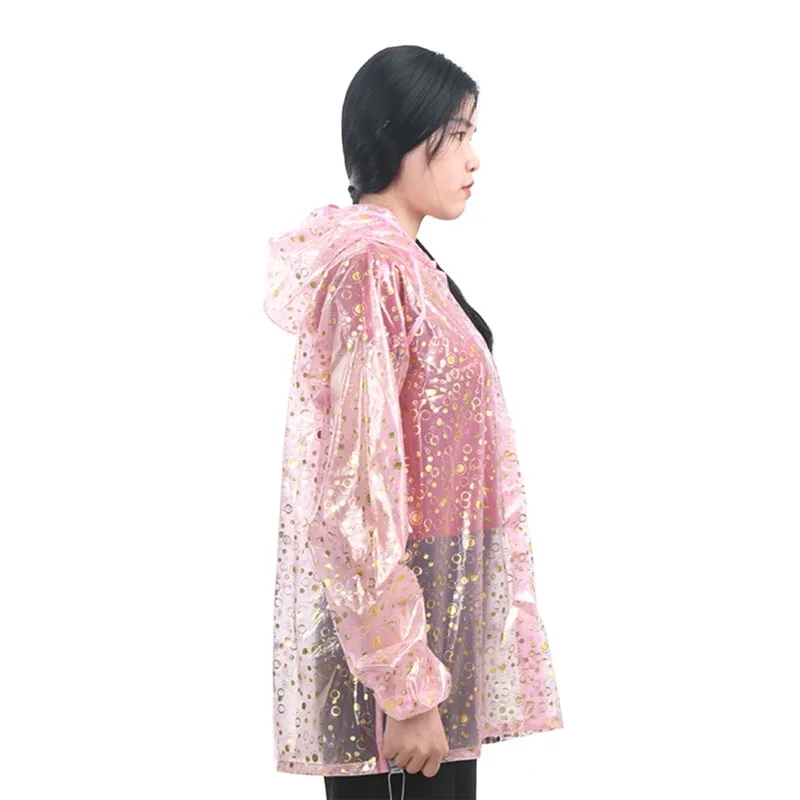 Plus Size Men Women TPU Plastic Printed Transparent Hooded Top Long Sleeves Loose Coat Waterproof Raincoat Sparkling Jacket