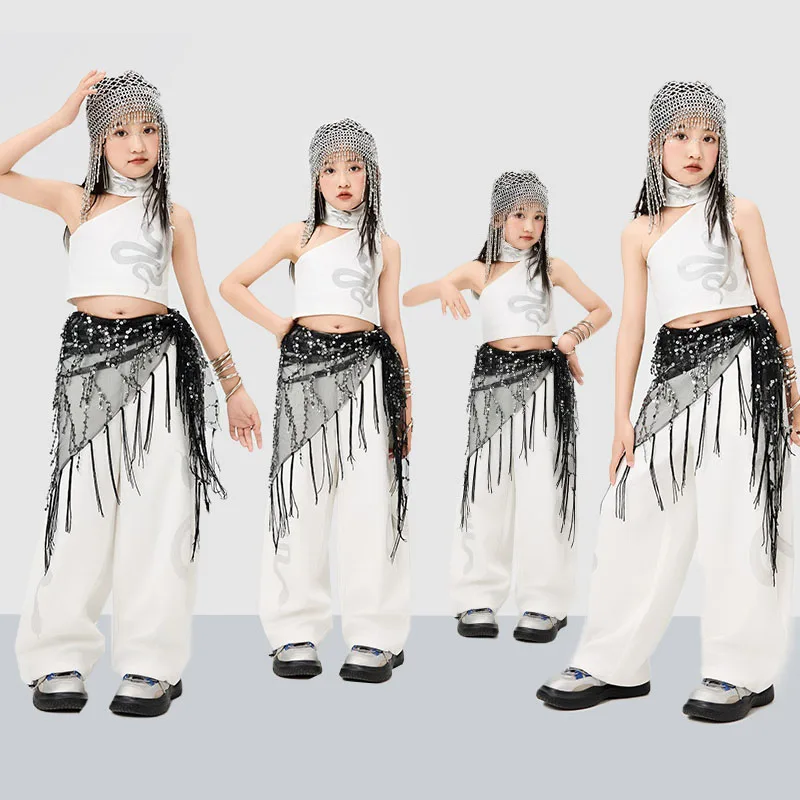 

Kid Kpop Hip Hop Clothing White One Shoulder Crop Tank Top Casual Wide Silver Snake Sweat Pants for Girls Dance Costumes Clothes