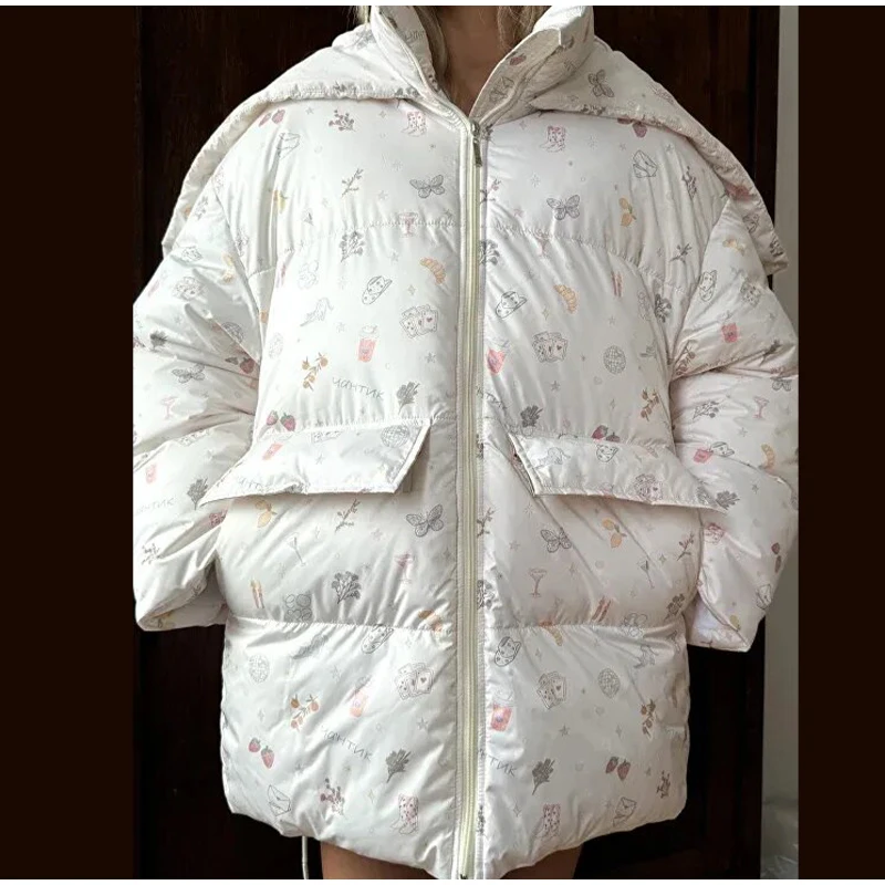 Unique Hooded Women's Winter Jacket Elegant Printed Thicken Pockets Full Sleeve Female Cotton Coat 2025 New Woman Coats Outwears