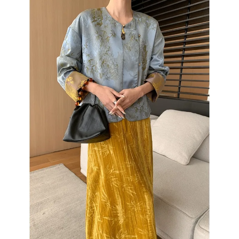 New Light Blue Chinese Style National Exquisite Button Bamboo Pattern Jacquard Satin Jacket 2025 Autumn Winter New Model CCX5