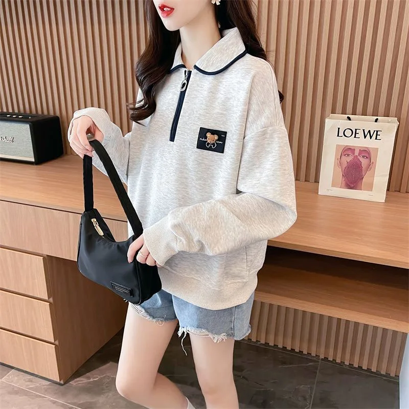 New Spring and Autumn Fashion Korean Edition Colorblock Polo Neck Half Zip Thin Loose Versatile Western Slim Women\'s Sweater