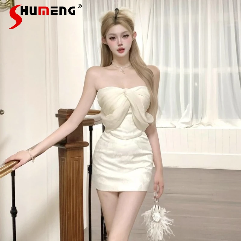 

New French Style Pure Desire Design Off-Shoulder Halter Neck Tube Top Vest Kawaii Clothes Solid Color Sexy Sleeveless Camisoles