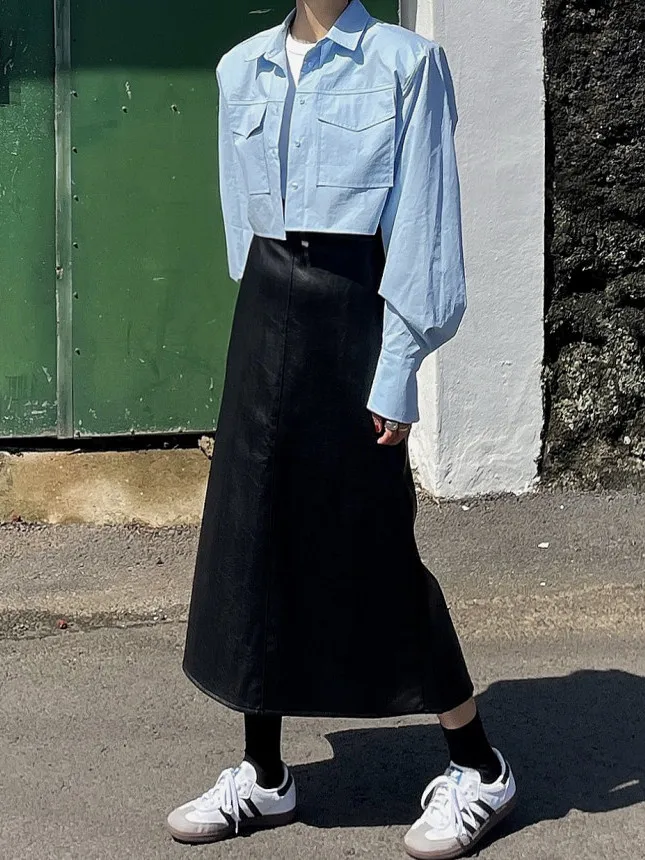 الرجعية عالية الخصر مطاطا بولي Leather الجلود f تنورة للنساء Bla التخسيس منتصف طول شق تنورة Ci تخفيف ألف خط تنورة