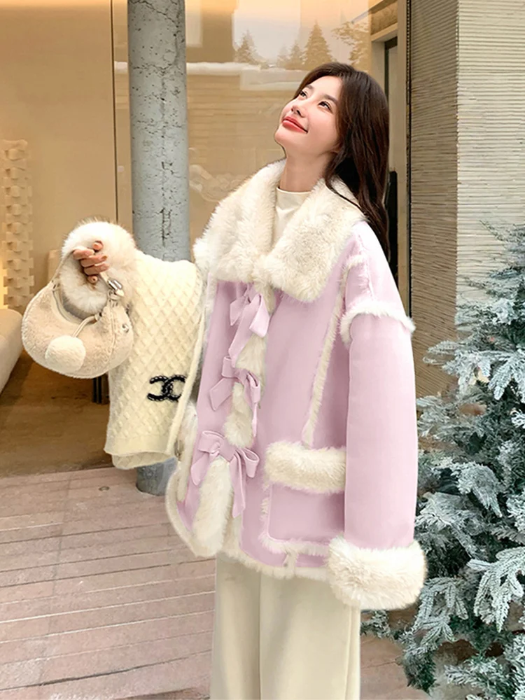 Damska kurtka z futra jagnięcego Thiened, wiązana, ciepła odzież wierzchnia, luźny krój, długi płaszcz, standardowa długość.