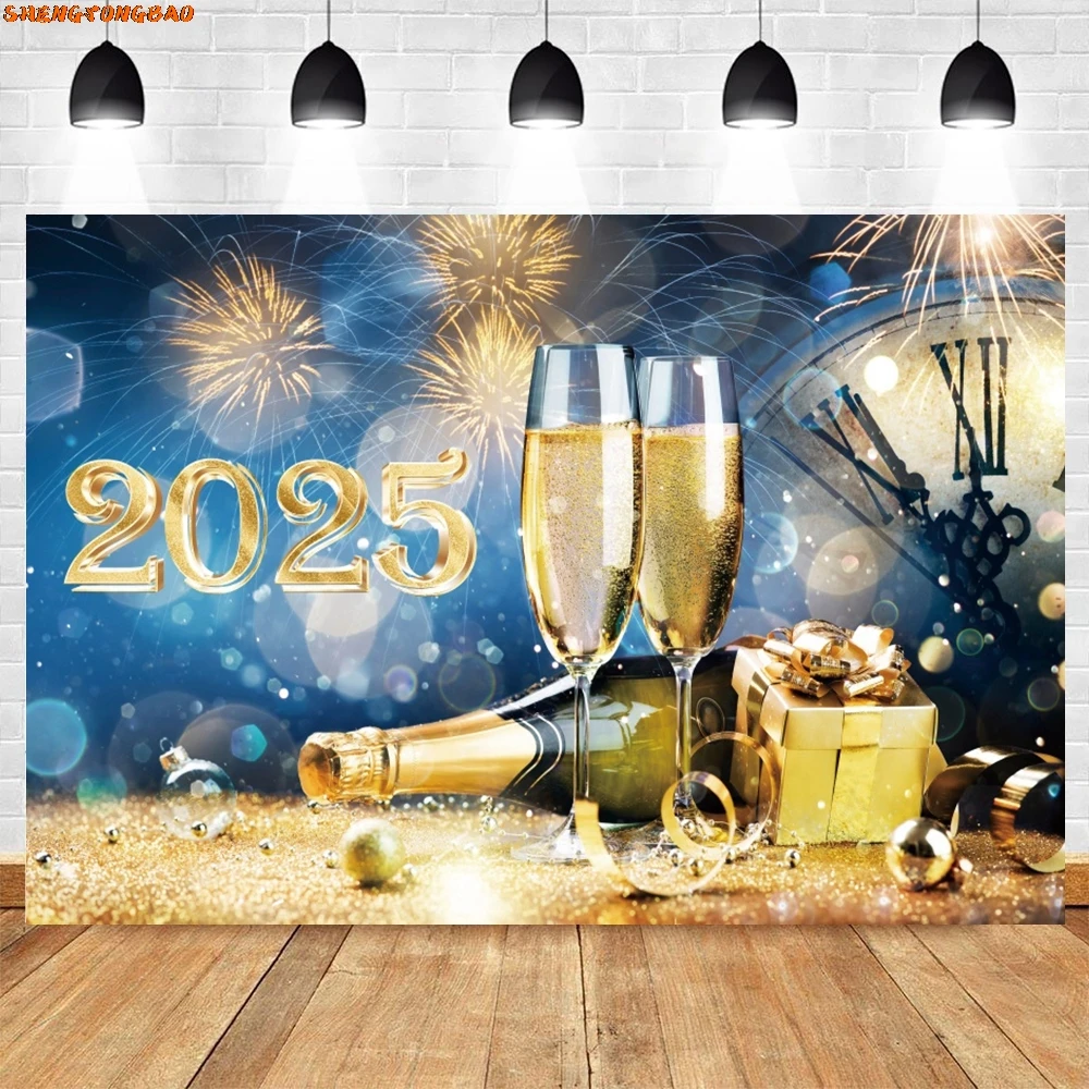 2025 Happy New Year Photography Backdrop Golden Glitter Fireworks Champagne Celebrate Party Family Portrait Photo Background