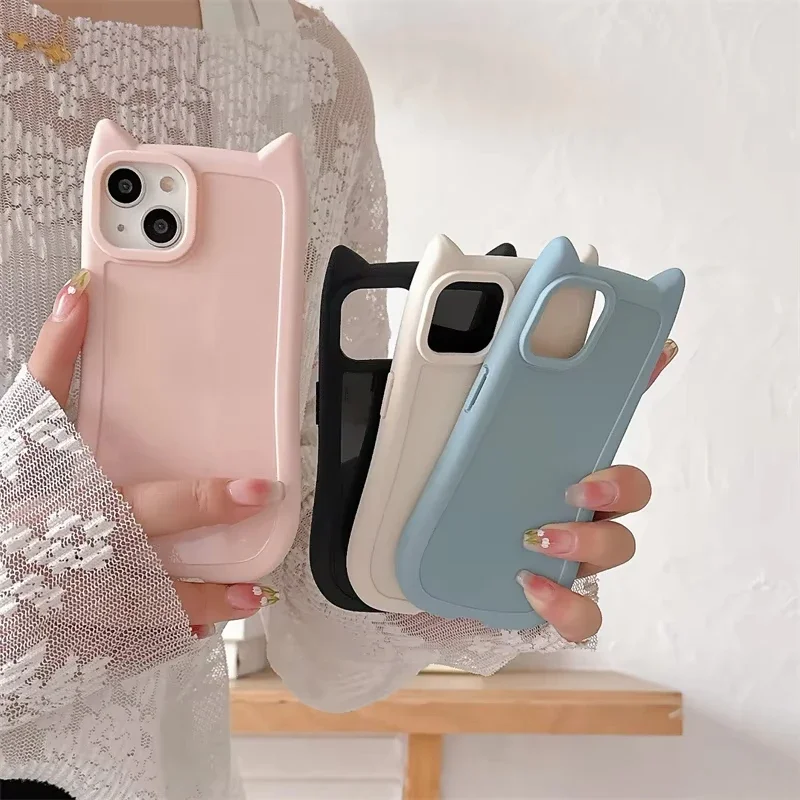 

Cute 3D Kitten Cats Ear Solid color Phone Case For iPhone 16 Plus 15 14 13 11 12 Pro Max Cute Girl Shockproof Soft Cover