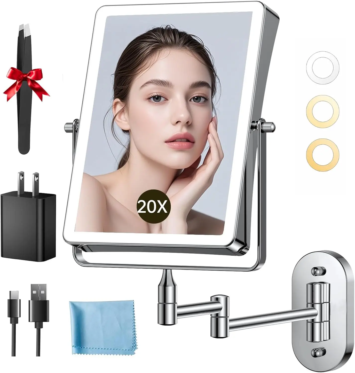

5000mAh Rechargeable Wall Mounted Makeup Mirror with Dimmable 3-Color Lights, 8.7" Double-Sided Magnifying Mirror