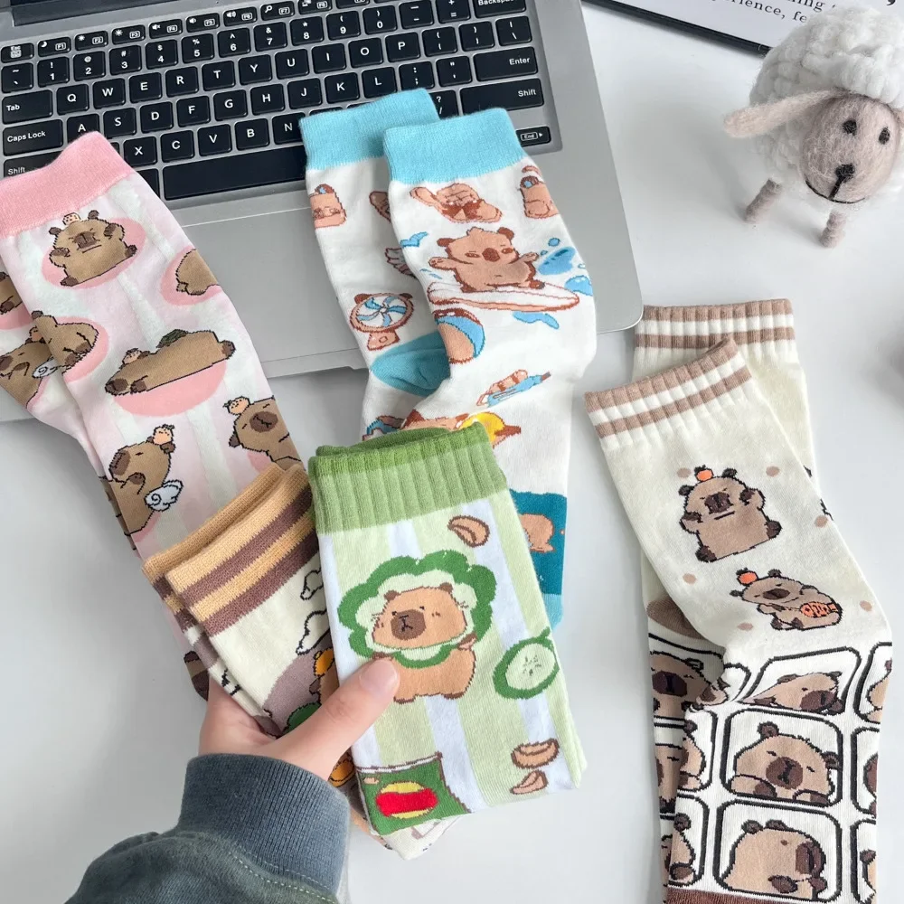 Cartoon Cabbage Head Capybara Little Bear Socks Mid Length Cotton Socks Cute Internet Red Korean Spring Autumn Winter Animals