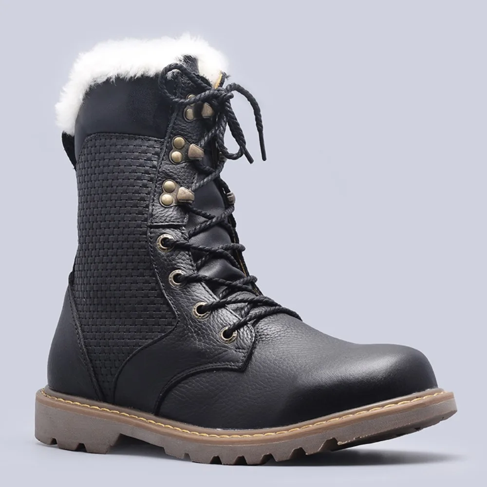 

100% шерстяная внутренняя подкладка, первый слой воловьей кожи, мужские хлопковые универсальные простые зимние теплые кожаные мужские ботинки большого размера, классические