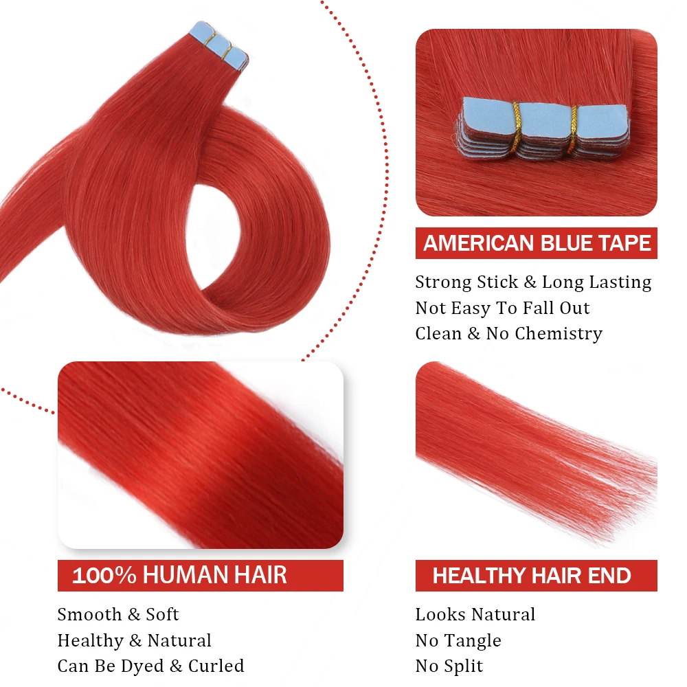 وصلات شعر ملونة شريط غير مرئي في شعر بشري حقيقي ملون لحمات جلدية سلسة شعر مستقيم 12-20 بوصة