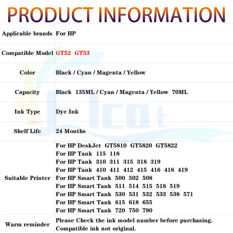 GT52 GT53 Inchiostro di Ricarica Per HP GT51 GT52 GT53 Inchiostro Per HP 115 118 310 410 415 500 515 518 530 750 790 GT5810 5820 GT5810 Inchiostro Della Stampante