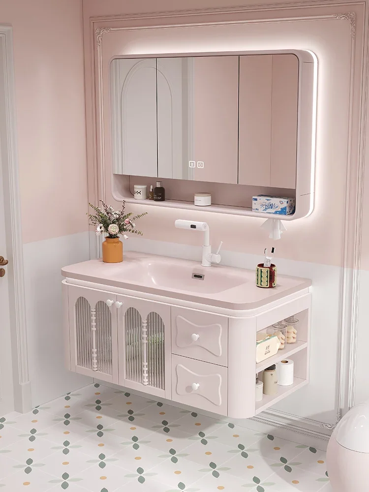 

Pink sink wash basin bow bathroom cabinet washstand bathroom cabinet ceramic integrated basin deepen washbasin round